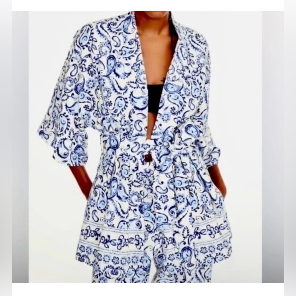 Zara linen blend belted kimono robe coverup. White blue paisley, M/L (org $119)